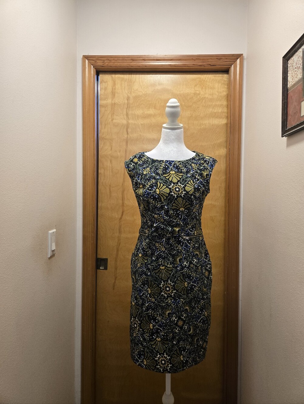 Enfocus Studio Navy and Green Floral Midi Sheath Dress Size 4
